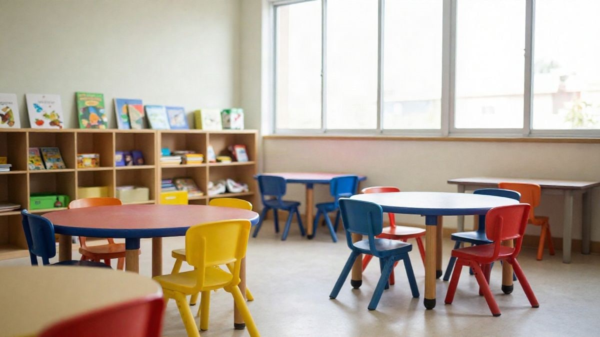 Imagen ilustrativa: aula de una escuela infantil con mesas y sillas pequeñas, llena de luz natural, sin personas.