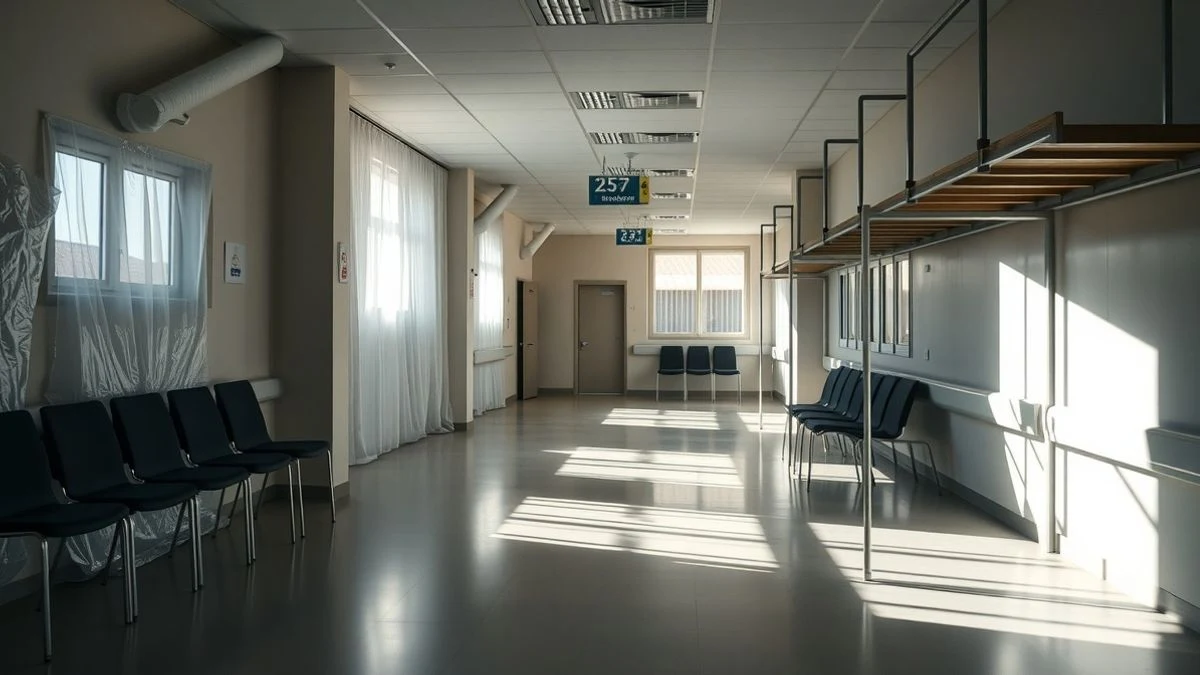 Imagen ilustrativa: pasillo de hospital con obras de reforma, andamios y plásticos protectores, luz natural entrando por ventanas