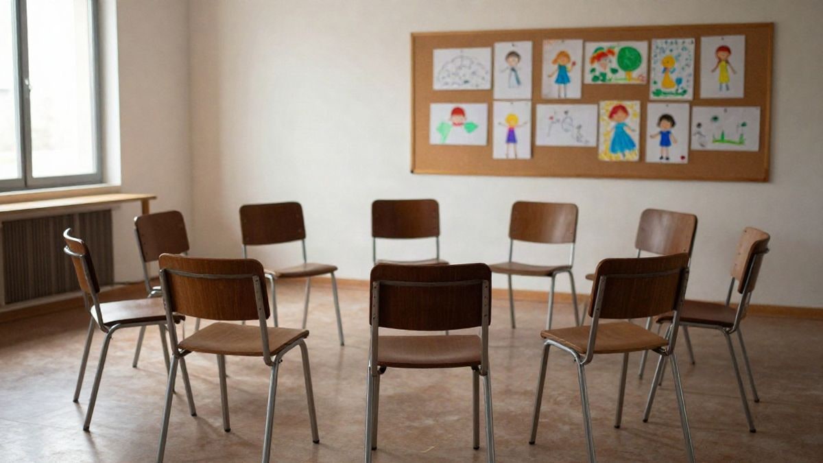 Imagen ilustrativa: sillas vacías en círculo en una sala luminosa con dibujos infantiles en un corcho al fondo
