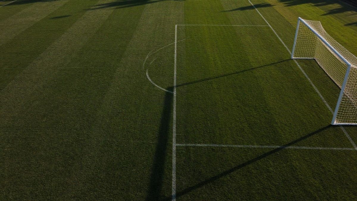 Imagen ilustrativa: vista cenital de un campo de fútbol con líneas blancas y portería con red