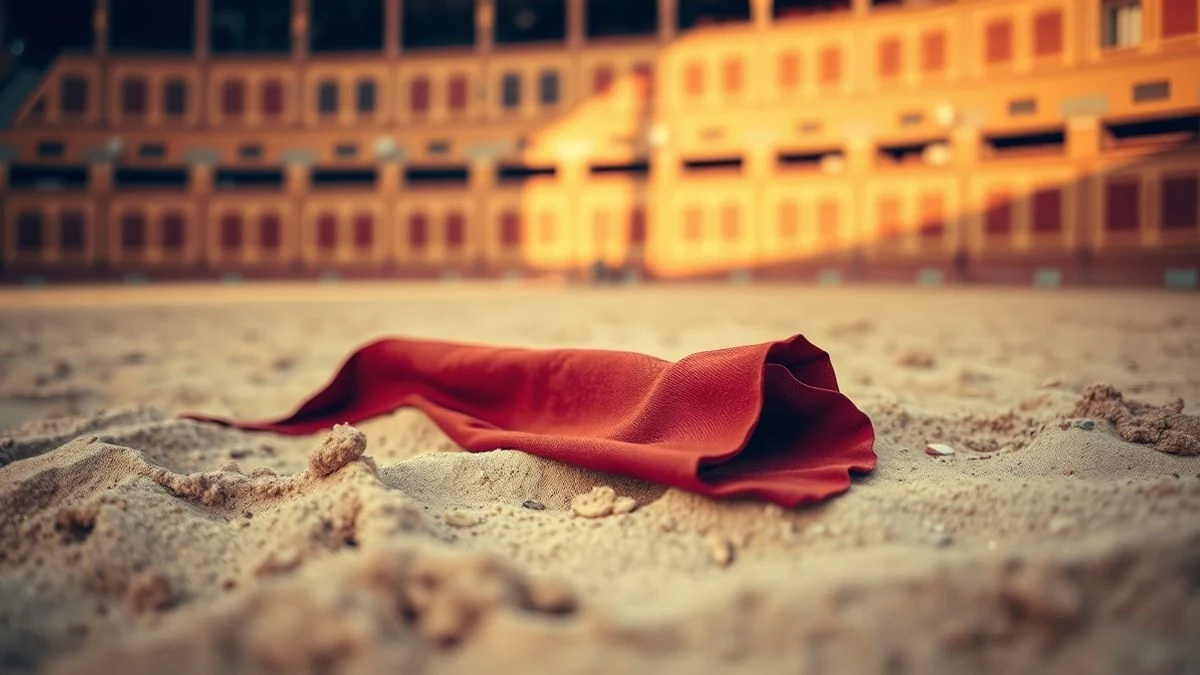 Imagen ilustrativa: un capote de torero sobre la arena de una plaza de toros, con la barrera desenfocada al fondo.