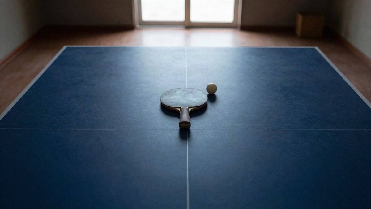 Imagen ilustrativa: vista cenital de una mesa de tenis de mesa con pala y pelota sobre la superficie azul