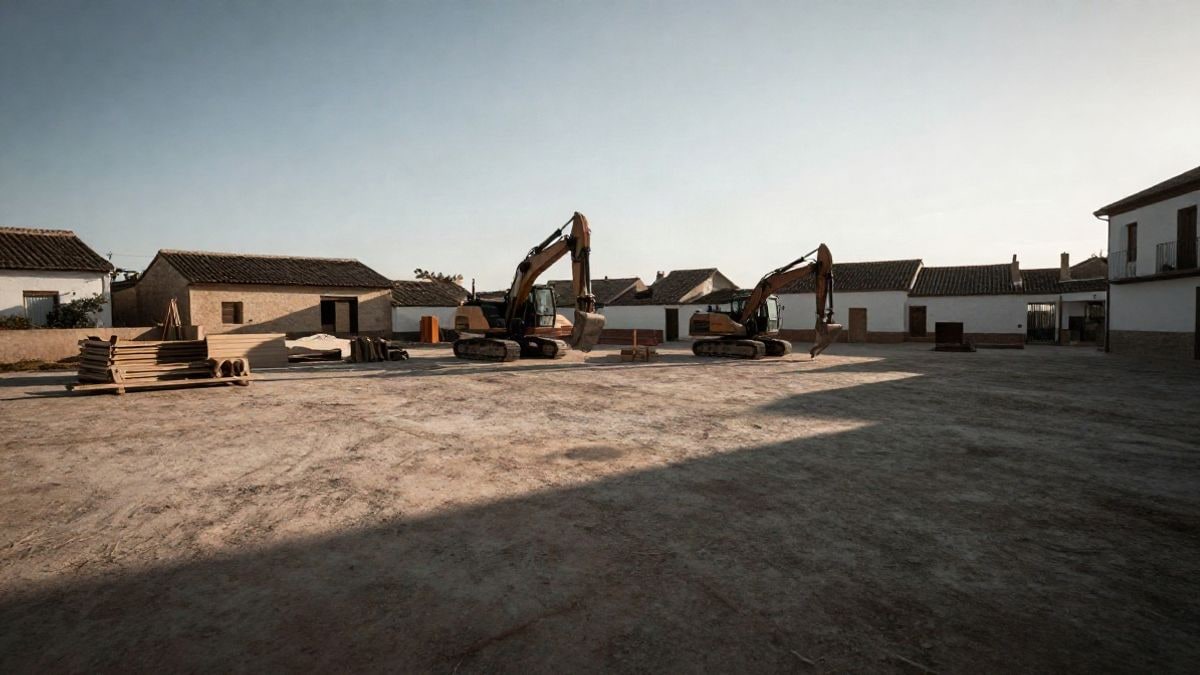 Imagen ilustrativa: plaza de un pueblo con materiales de obra y una pequeña excavadora al fondo