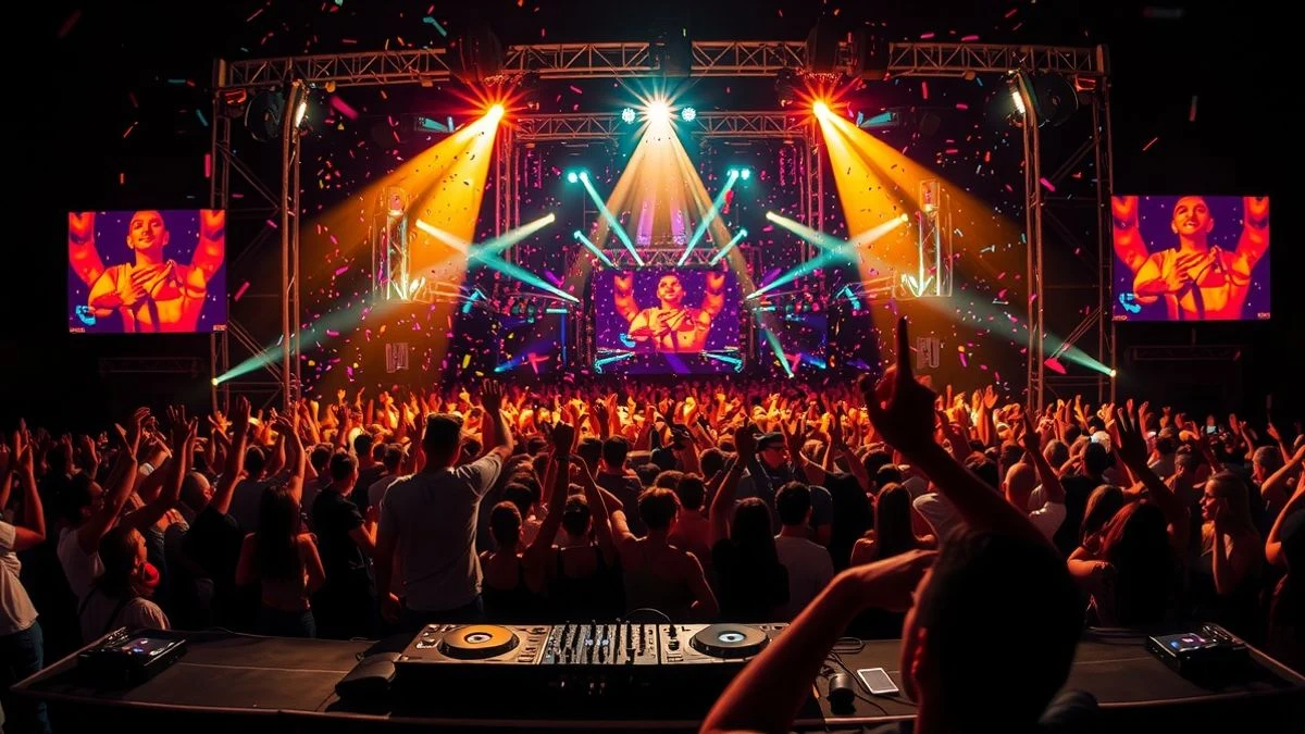 Imagen ilustrativa: un escenario de concierto iluminado con luces de colores y el público con las manos levantadas visto de espaldas.