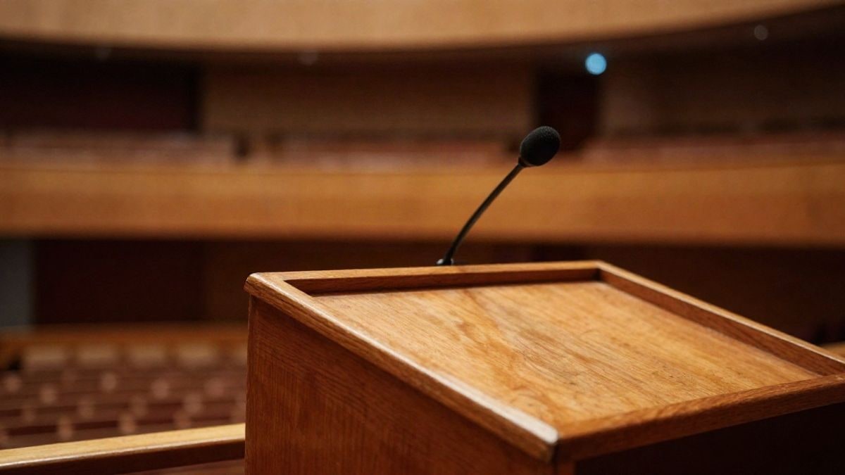 Imagen ilustrativa: detalle de un atril de madera con micrófono en un auditorio vacío