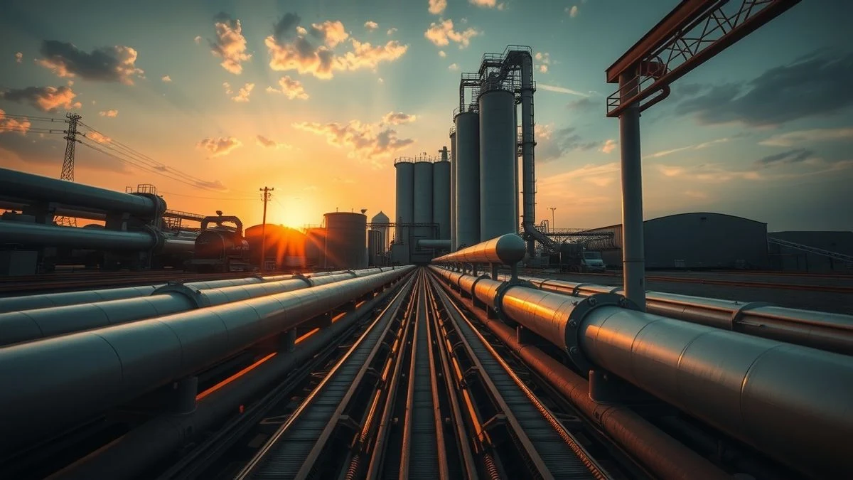 Imagen ilustrativa: una planta de biomasa industrial con tuberías y cintas transportadoras bajo la luz del atardecer