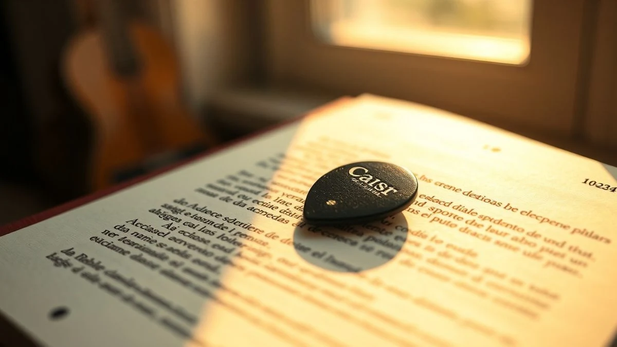 Primer plano de un libro abierto con letras de flamenco y una púa de guitarra sobre las páginas