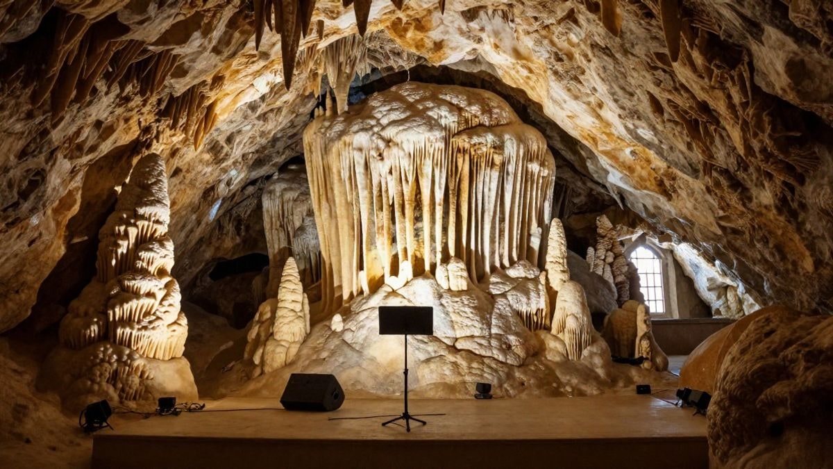 Imagen ilustrativa: interior de una cueva natural con estalactitas y un pequeño escenario preparado para un recital