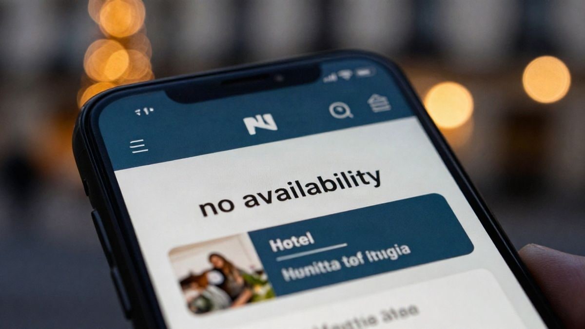 Imagen ilustrativa: primer plano de una pantalla de móvil con una aplicación de reservas hoteleras sin disponibilidad