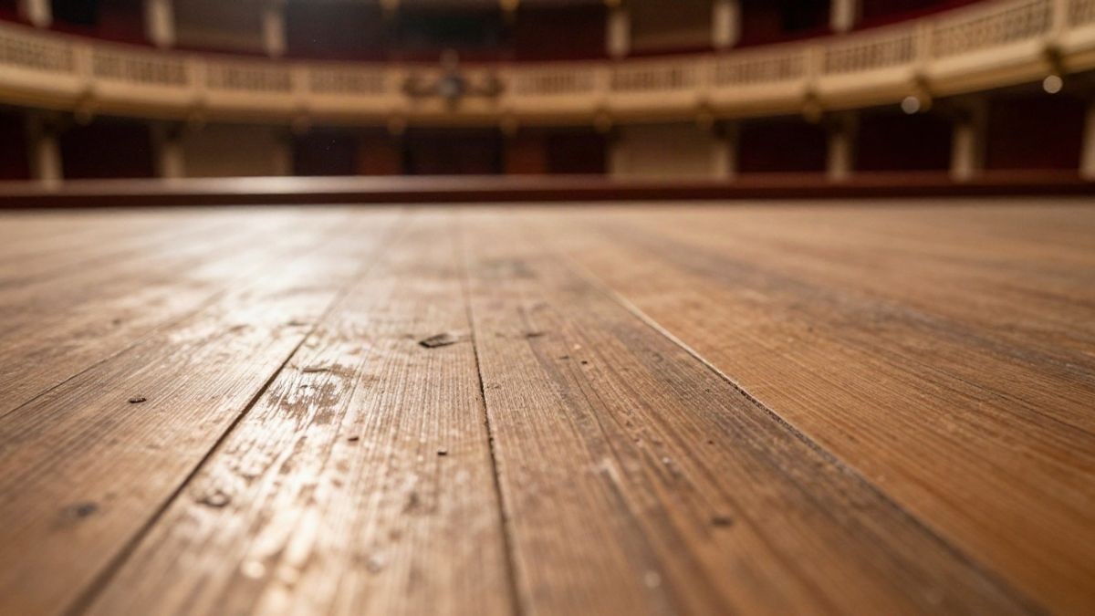 Imagen ilustrativa: detalle de tablas de madera envejecida de un escenario iluminadas por luz cálida de atardecer