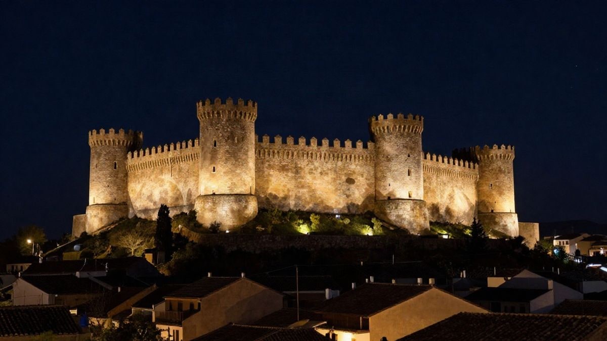 Imagen ilustrativa: castillo medieval en lo alto de una colina iluminado por focos nocturnos