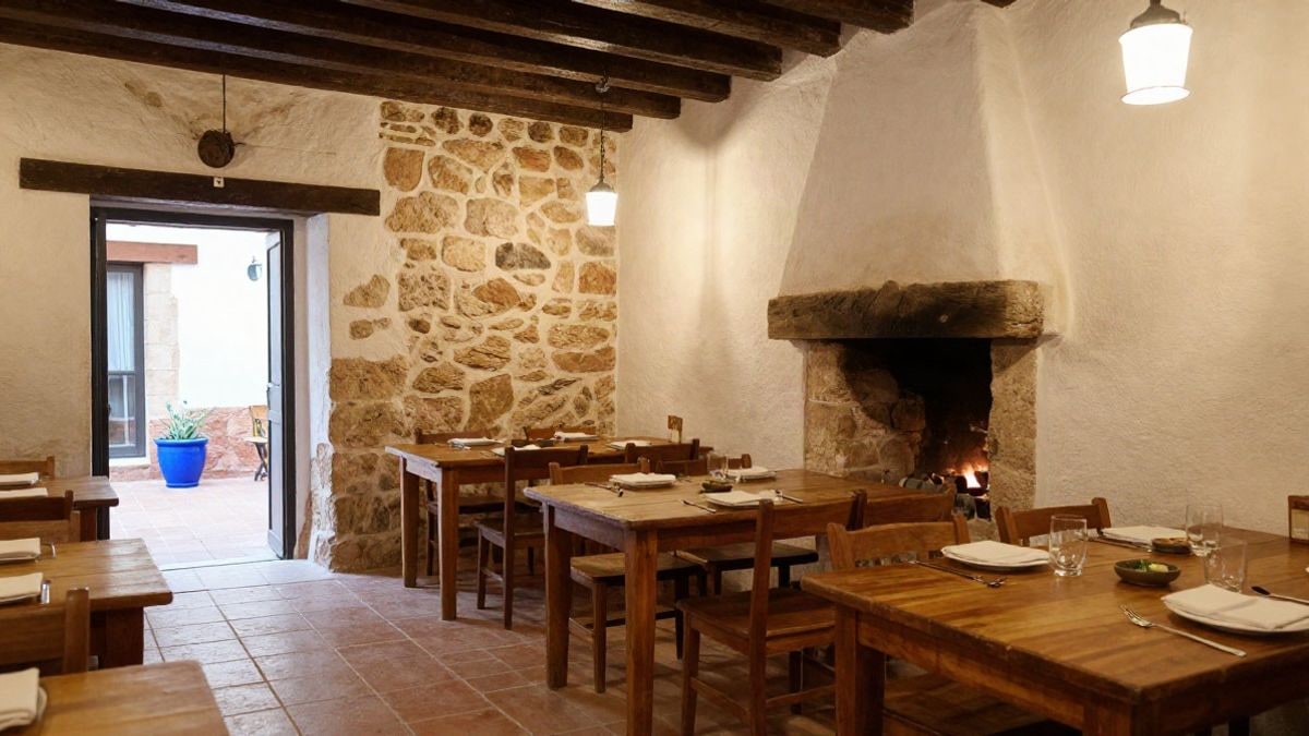 Imagen ilustrativa: interior de un restaurante rústico con paredes encaladas y suelo hidráulico, iluminado por luz cálida