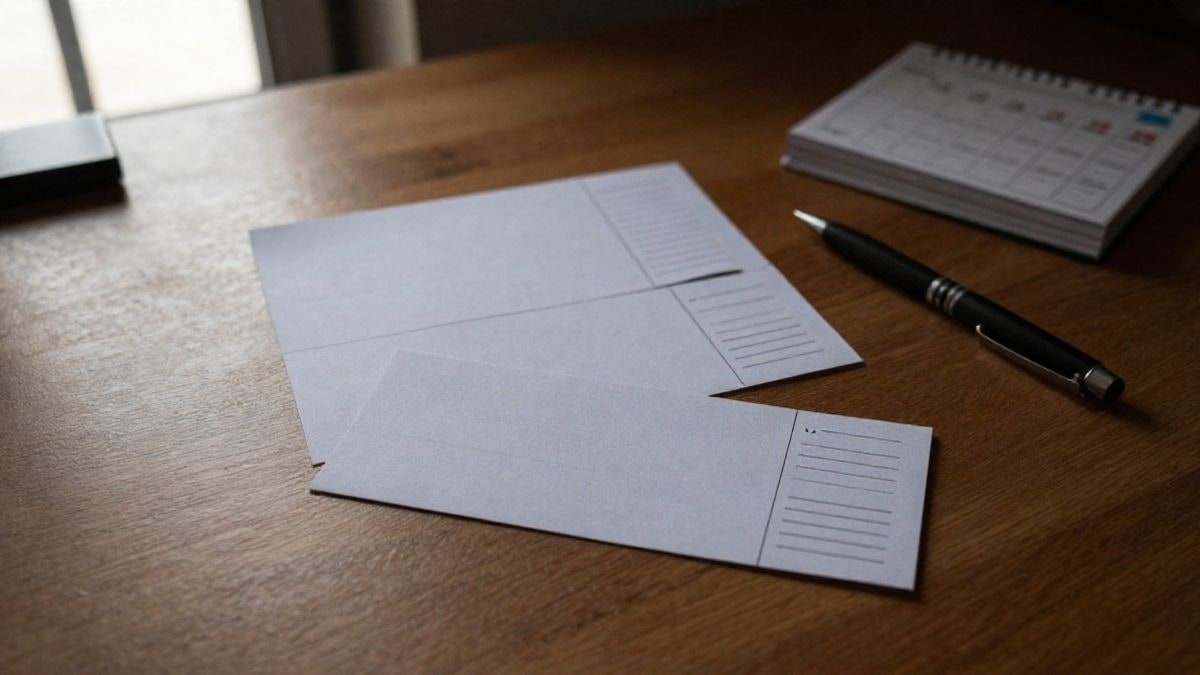Imagen ilustrativa: mesa de madera vista desde arriba con entradas en blanco, un bolígrafo y un calendario de papel