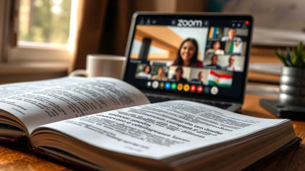 Libro de idiomas abierto sobre un escritorio con un portátil con videollamada de fondo