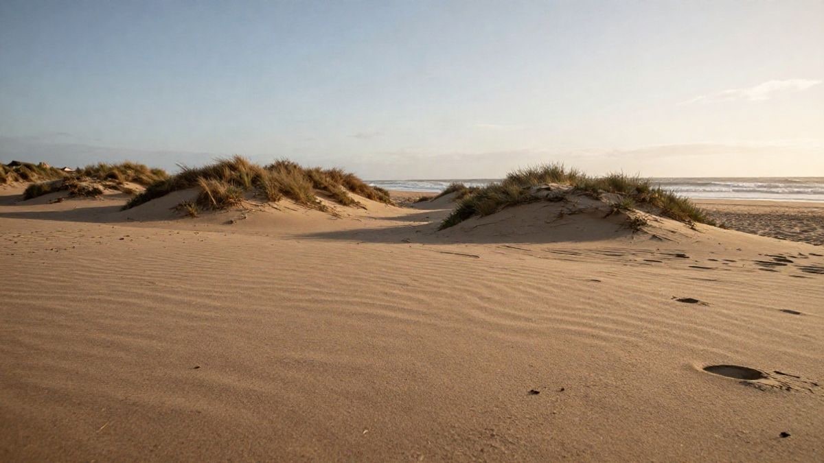 Imagen ilustrativa: playa amplia de arena dorada con dunas y vegetación baja junto al mar