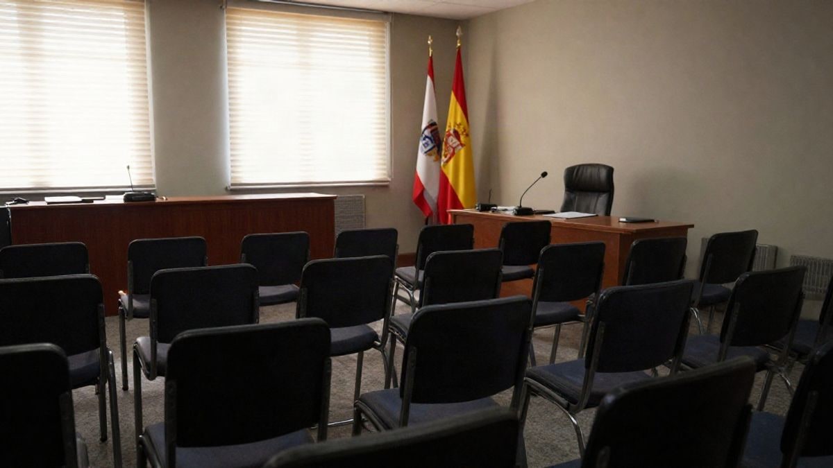Imagen ilustrativa: sala de reuniones vacía con sillas y un atril, sin personas ni símbolos políticos.