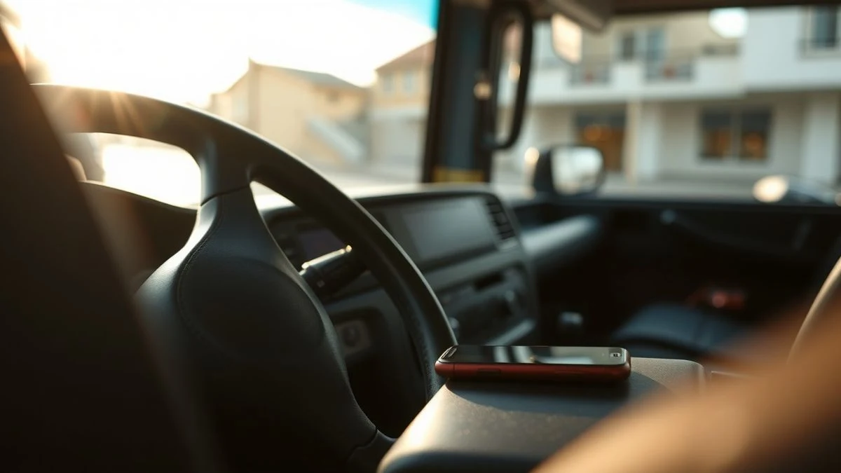 Imagen ilustrativa: primer plano del volante y salpicadero de un autobús, con un teléfono móvil apoyado sobre el panel, fondo desenfocado del interior del vehículo con luz natural.