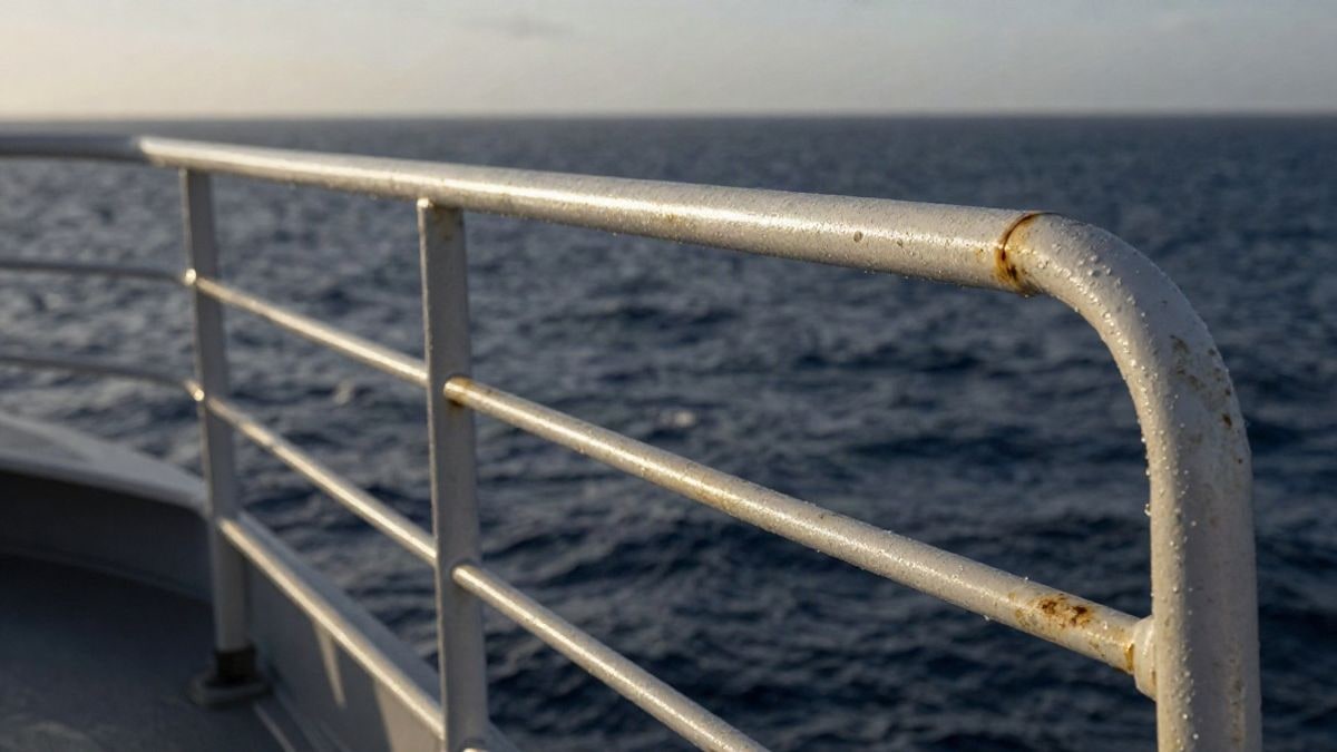 Imagen ilustrativa: detalle de la barandilla metálica de una embarcación con el mar al fondo