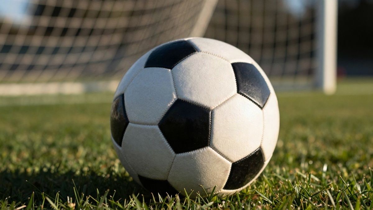Imagen ilustrativa: primer plano de un balón de fútbol sobre el césped con la red de una portería desenfocada al fondo