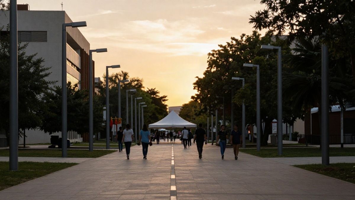 Imagen ilustrativa: gran angular de un campus universitario con líneas que convergen hacia una carpa central al atardecer