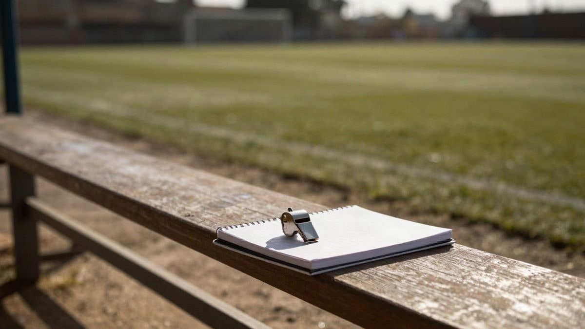 Imagen ilustrativa: silbato y libreta de un árbitro sobre un banquillo de fútbol al atardecer