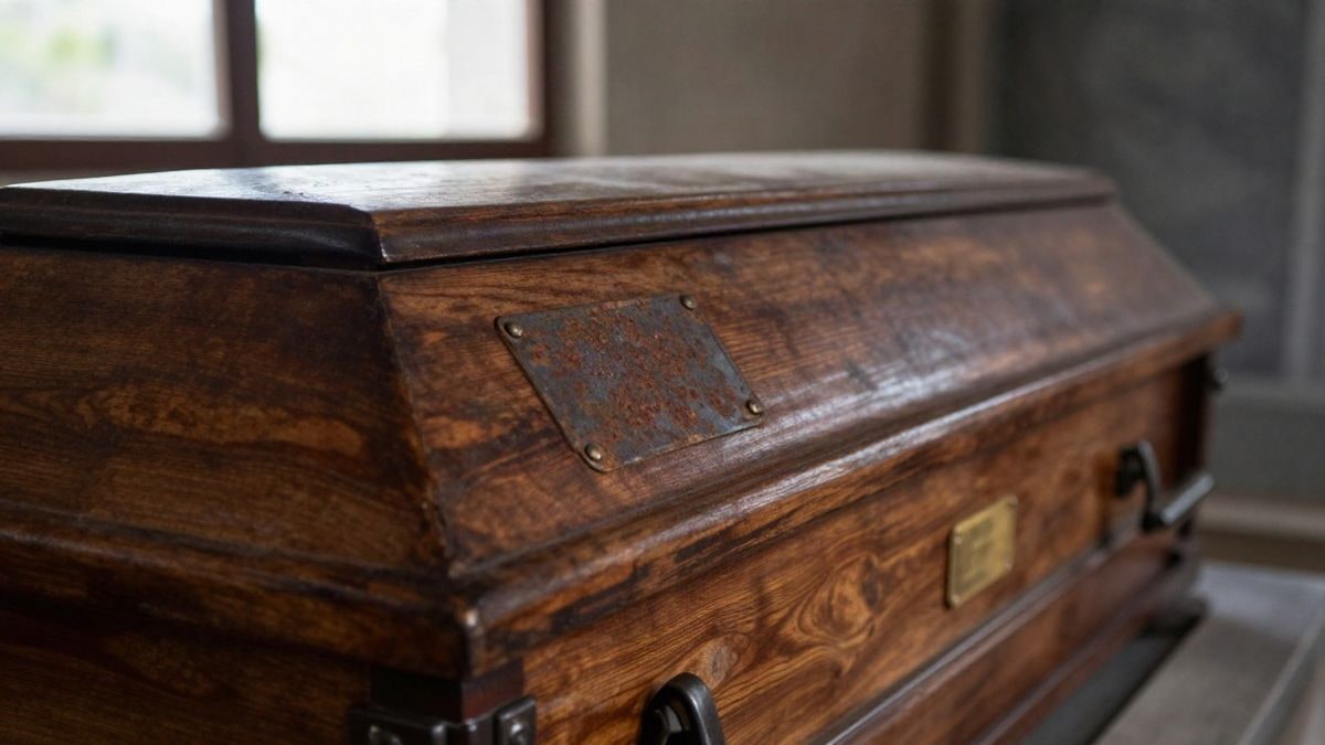 Imagen ilustrativa: detalle de una caja funeraria de madera con herrajes metálicos en un cementerio