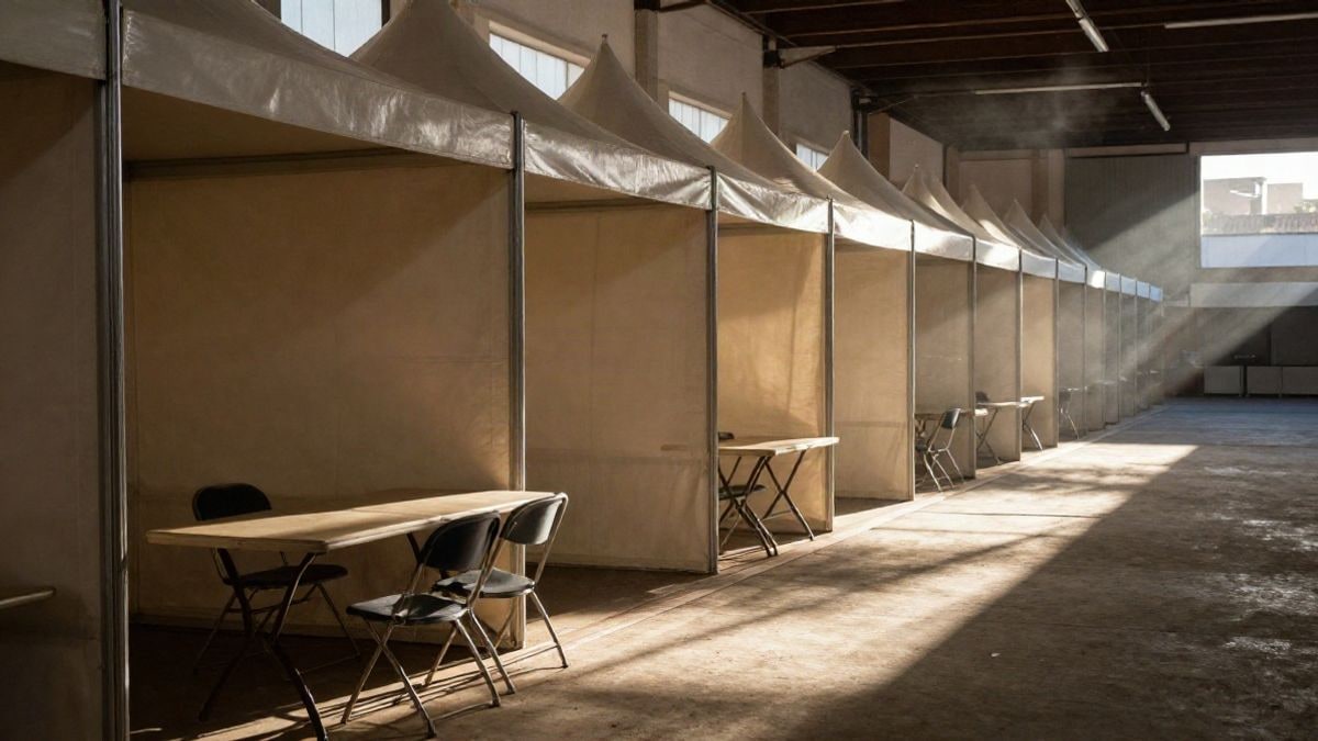 Imagen ilustrativa: interior de un recinto ferial con casetas blancas y luz de tarde entrando de lado