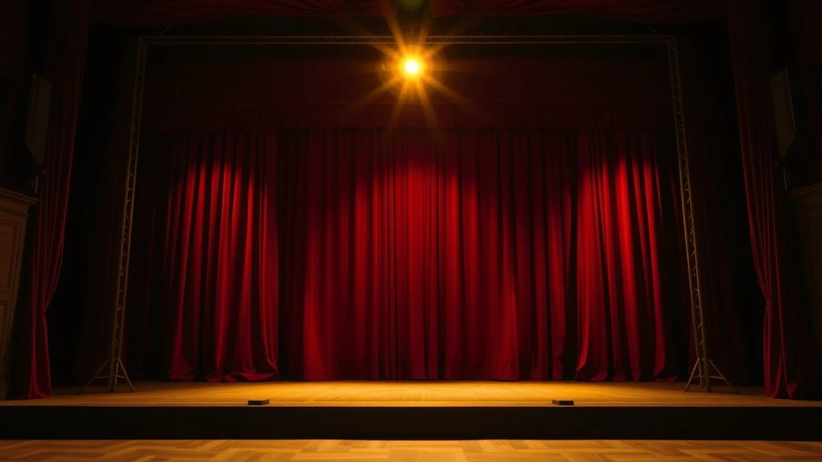 Escenario teatral al atardecer con cortina roja y foco de luz, sombras largas