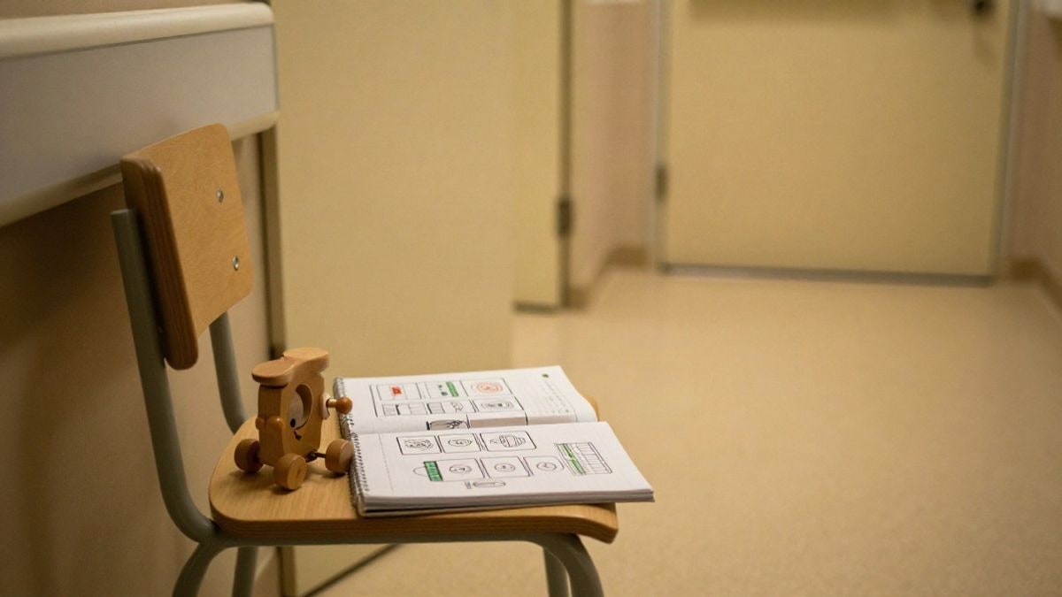 Imagen ilustrativa: un pasillo hospitalario iluminado con un juguete de madera y un libro para colorear sobre una silla