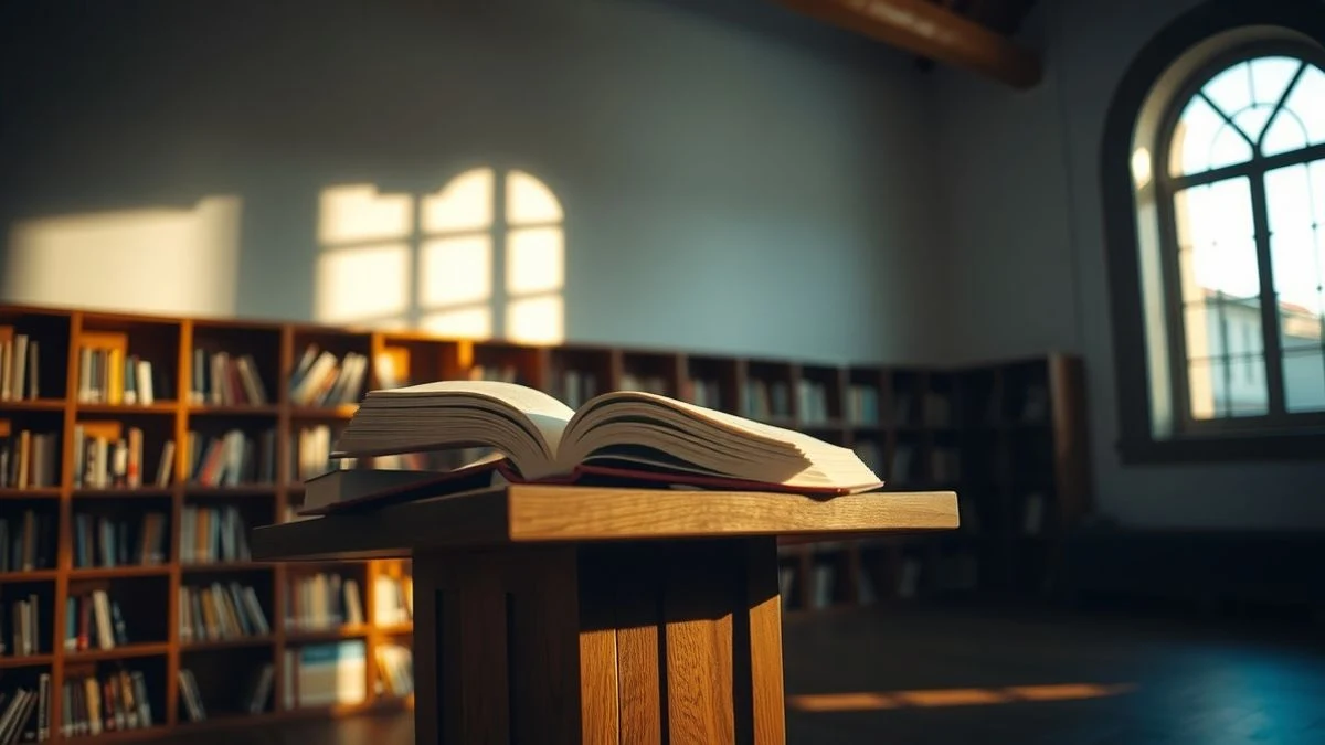Atril con un libro abierto en una sala con estanterías de fondo, iluminado por luz natural
