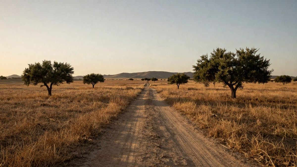 Imagen ilustrativa: camino rural entre pastizales secos y encinas dispersas al atardecer