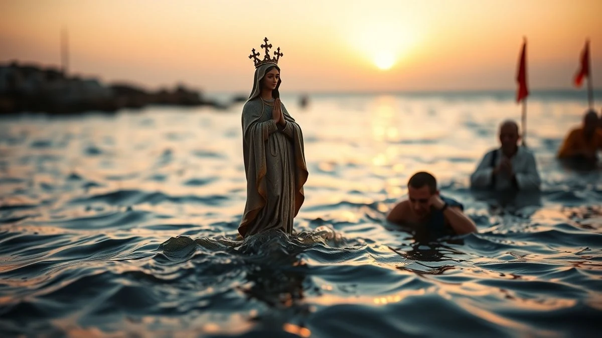 Estatua de la Virgen del Carmen sobre un paso, portada por devotos en un estero al atardecer, con el río Guadiana de fondo.