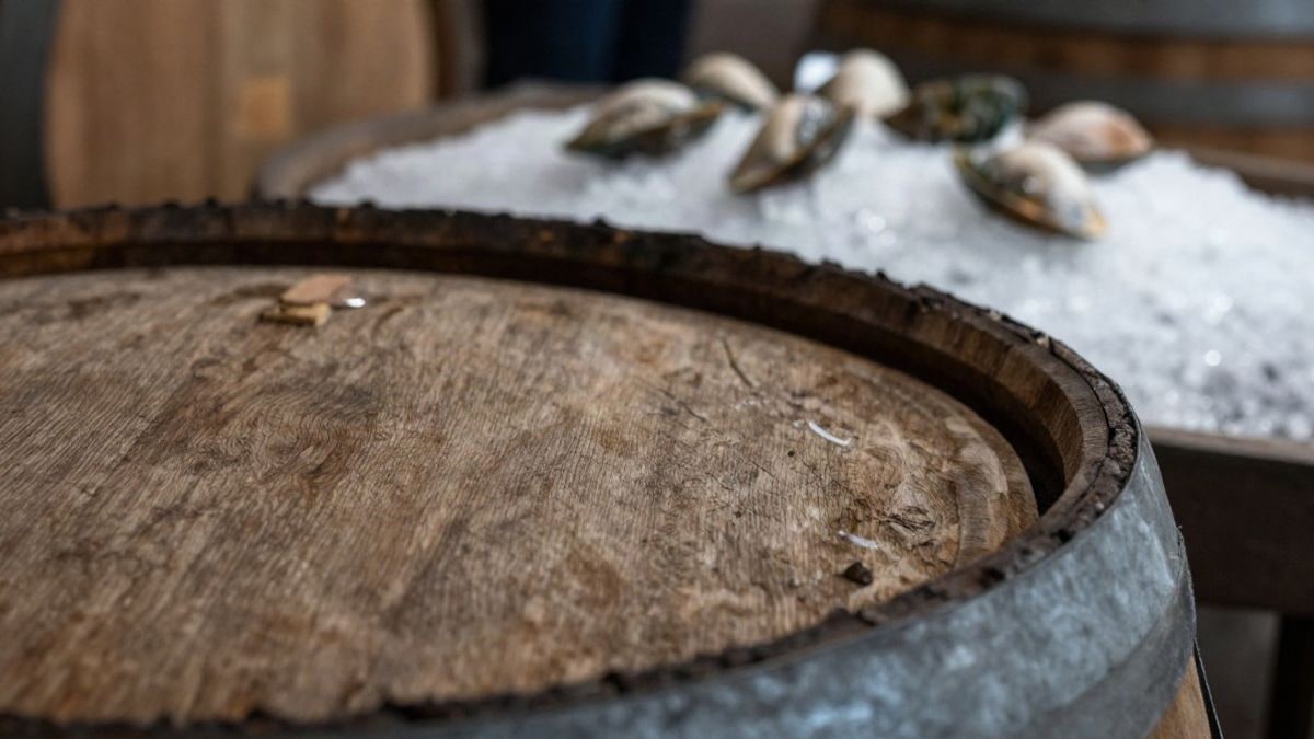 Imagen ilustrativa: detalle de madera envejecida de una barrica junto a marisco sobre hielo picado