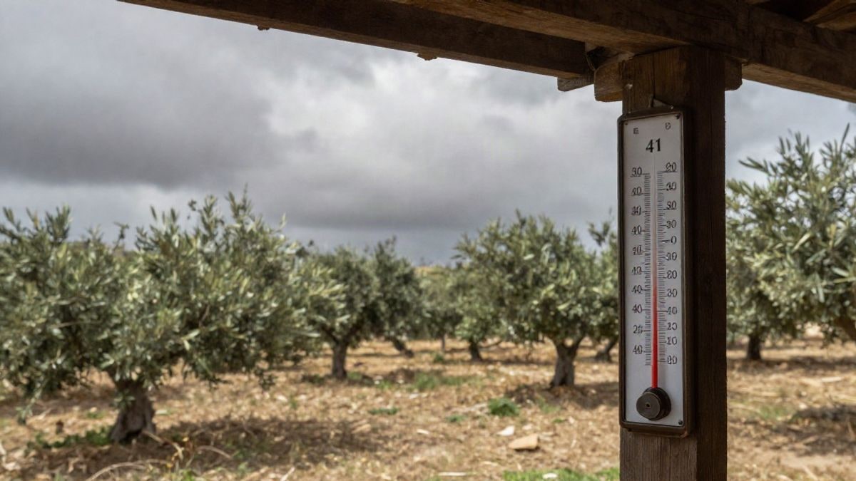 Imagen ilustrativa: termómetro marcando 41 grados a la sombra de un porche con olivos al fondo
