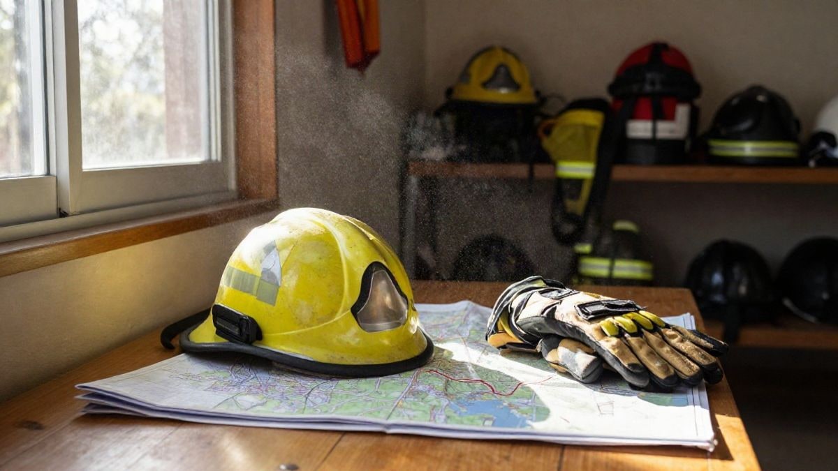 Imagen ilustrativa: casco y guantes de un efectivo de extinción sobre una mesa junto a un mapa topográfico