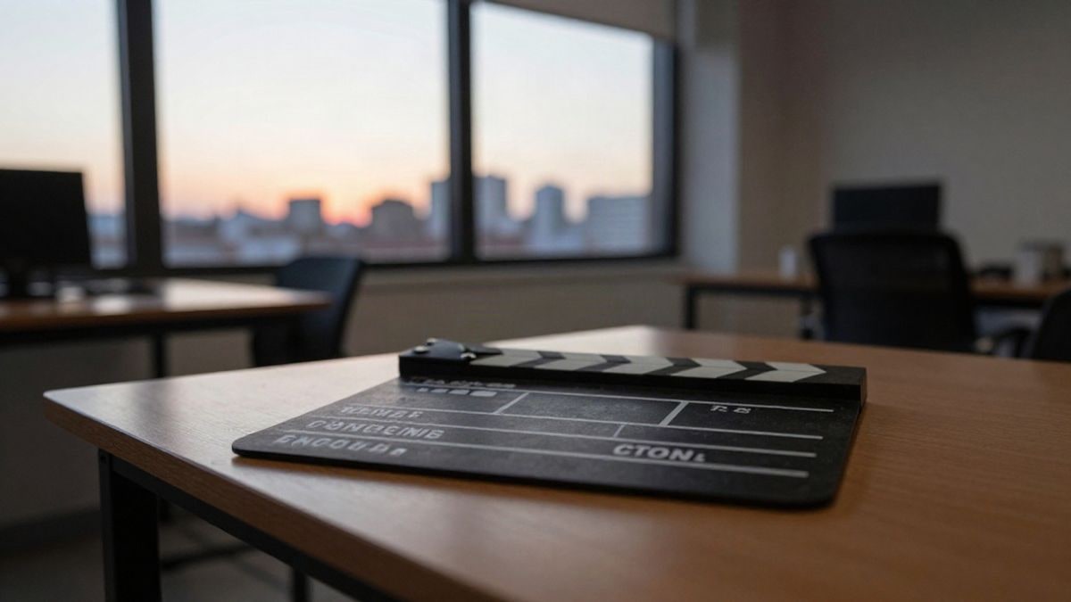 Imagen ilustrativa: claqueta sobre una mesa en una oficina de producción vacía con luz de atardecer
