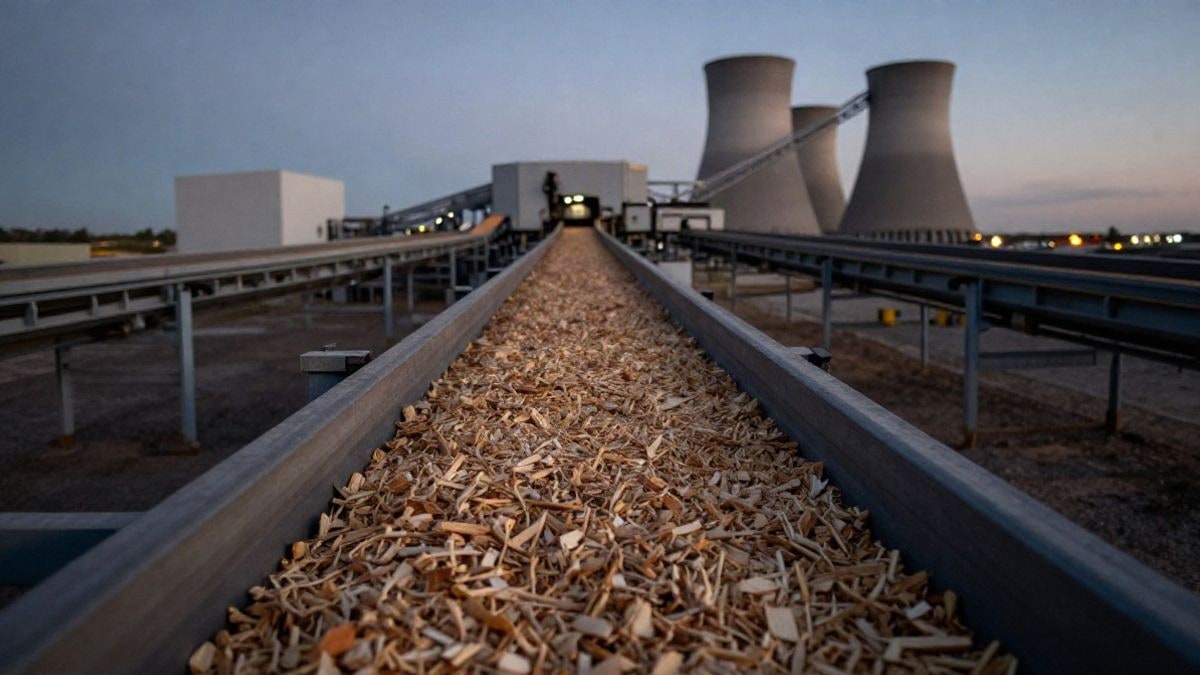 Imagen ilustrativa: una cinta transportadora de astillas de madera en una planta industrial al atardecer