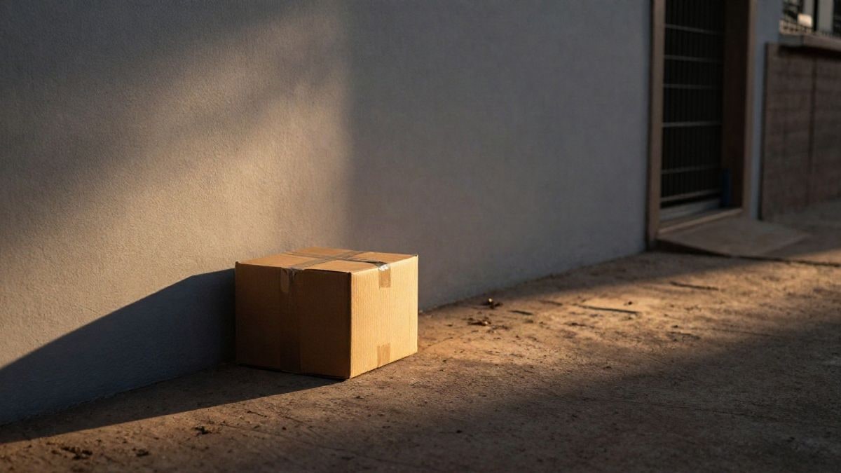 Imagen ilustrativa: una caja de cartón abandonada junto al muro de un refugio al atardecer, con sombras largas