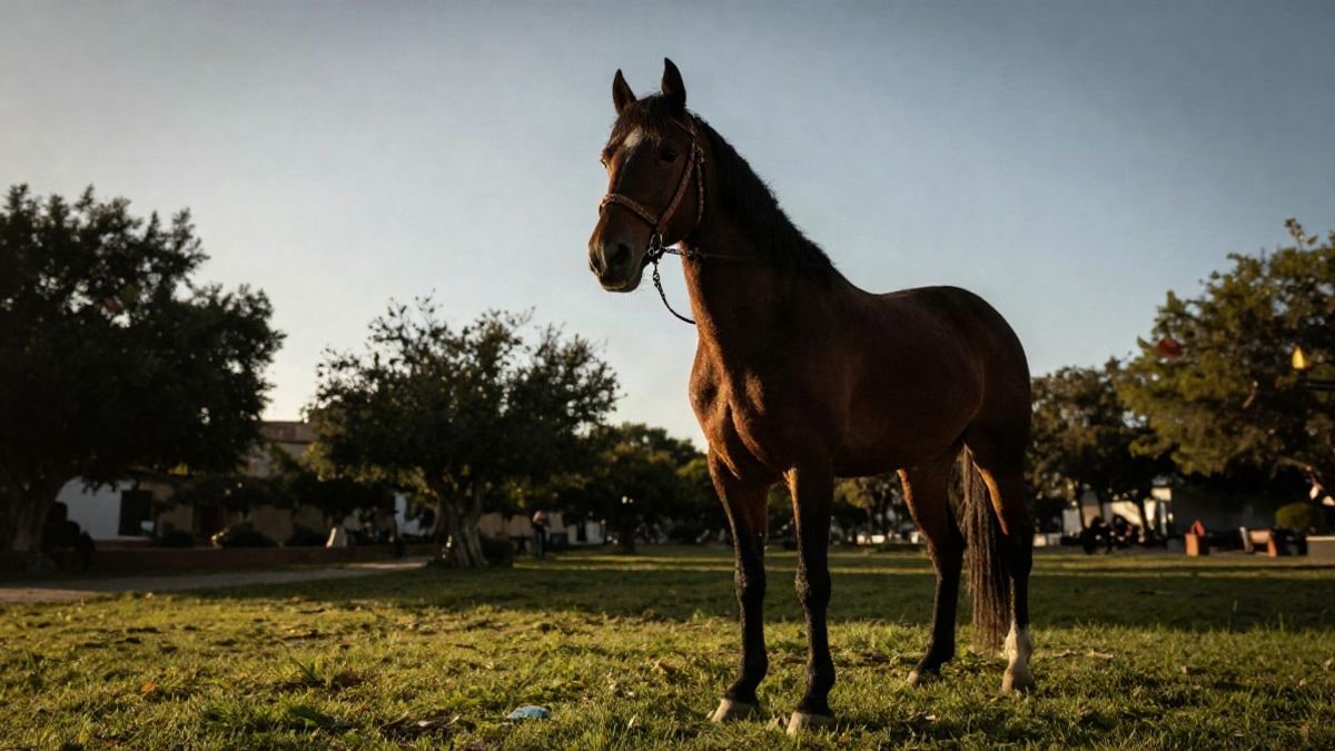 Imagen ilustrativa: un caballo con brida tradicional en un parque al atardecer