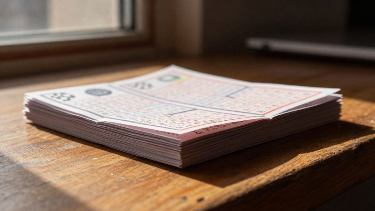 Imagen ilustrativa: una pila de décimos de papel doblados sobre un mostrador de madera con luz cálida de atardecer