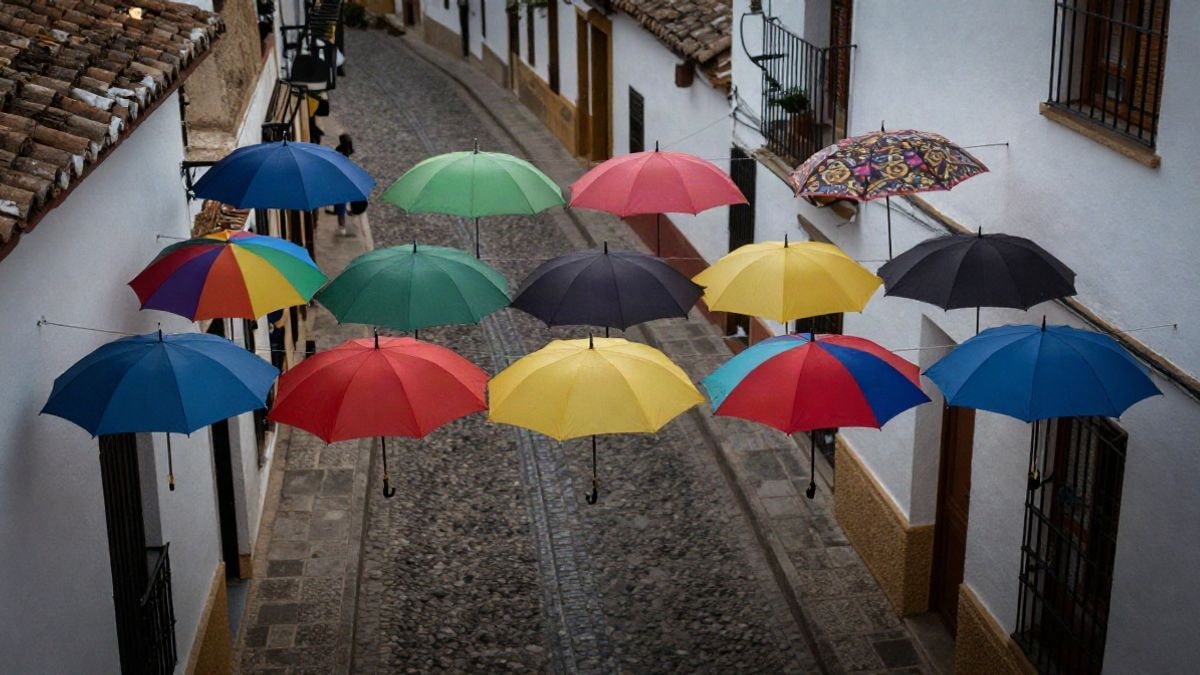 Imagen ilustrativa: vista cenital de una calle española cubierta por un toldo de paraguas de colores suspendidos, con caballetes de pintura a los lados.