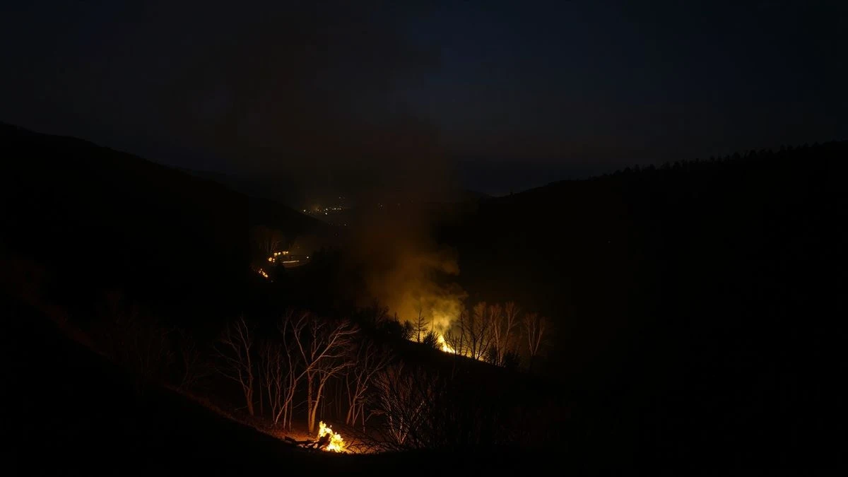 Imagen ilustrativa: incendio forestal nocturno con focos y vehículos de extinción en una zona de monte bajo.
