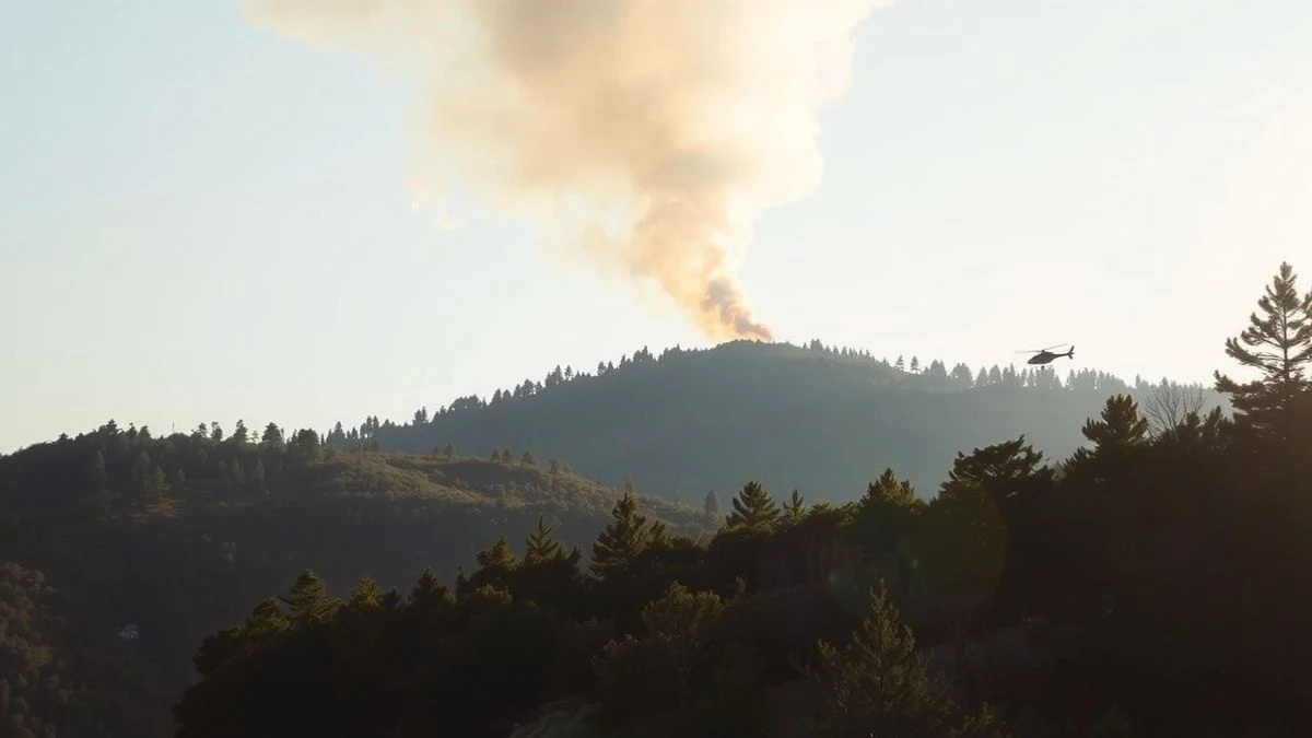 Imagen ilustrativa: un helicóptero de extinción de incendios sobrevuela una ladera forestal con humo al fondo, al atardecer.