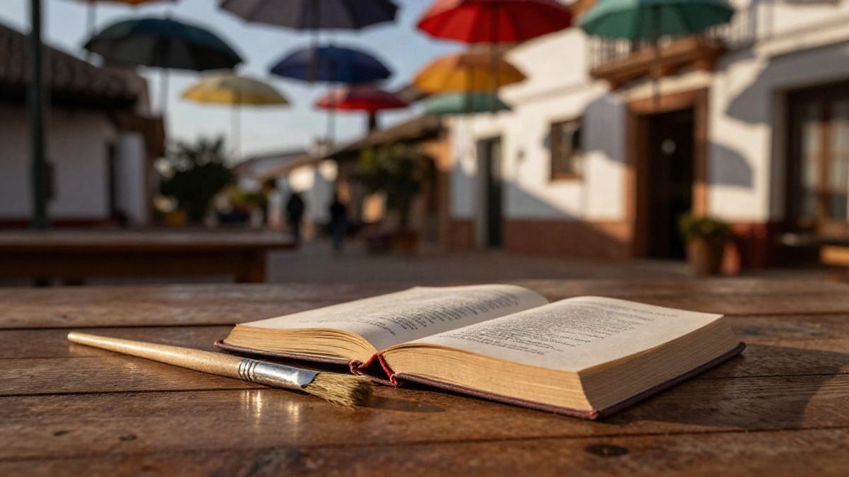 Imagen ilustrativa: un pincel y un libro de poesía sobre una mesa de madera, con paraguas de colores al fondo.