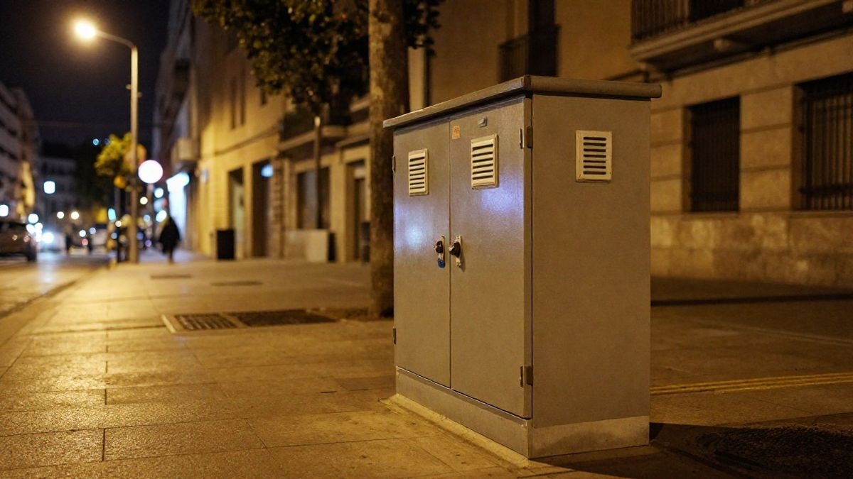 Imagen ilustrativa: una caseta metálica de medición del aire junto a una calle urbana iluminada por farolas de noche
