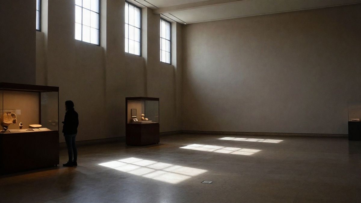 Imagen ilustrativa: interior de un museo con una vitrina arqueológica y una figura lejana