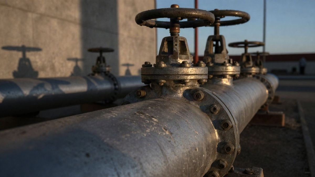 Imagen ilustrativa: detalle de tuberías de acero y superficies de hormigón en una instalación industrial al atardecer