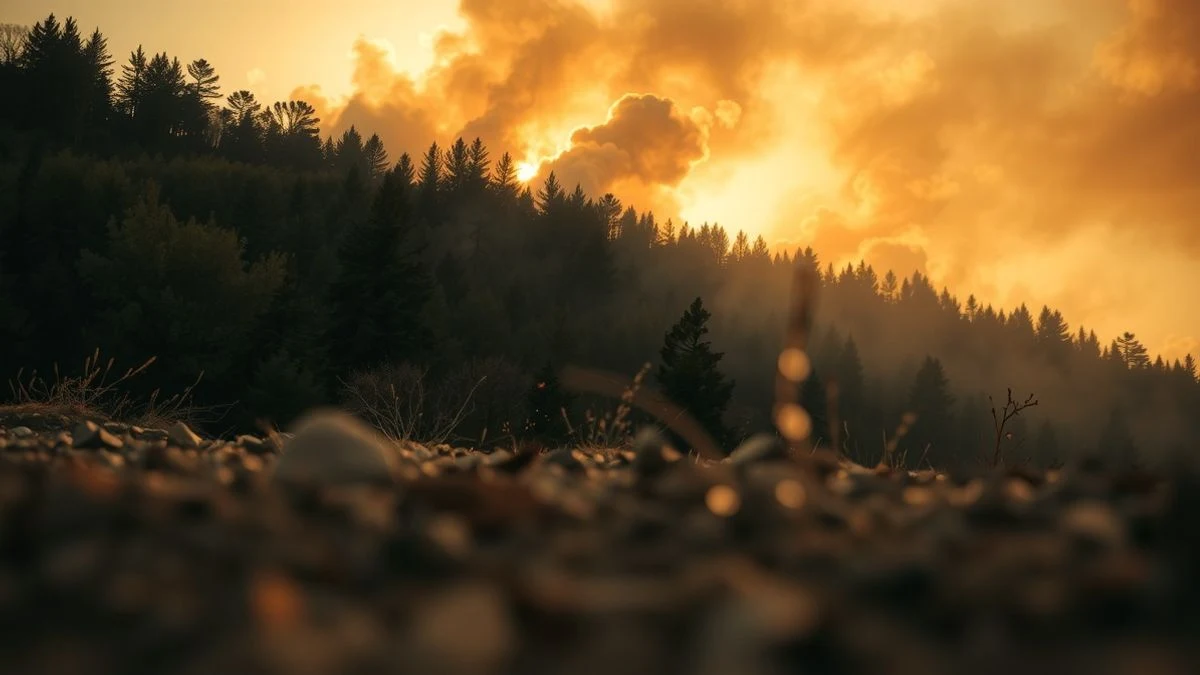 Imagen ilustrativa: un paisaje forestal con humo elevándose entre los árboles al atardecer