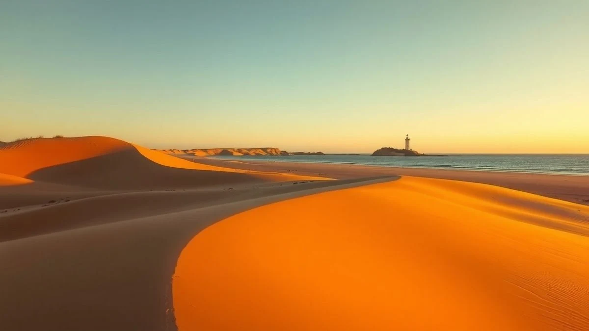 Playa del Cantil en Isla Cristina al atardecer, con dunas y el faro al fondo