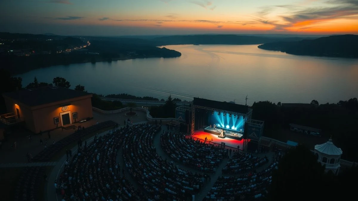 Imagen ilustrativa: vista aérea de un anfiteatro al aire libre con público durante un concierto al atardecer.